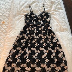 Shoshanna Black Lace Midi Dress with Cream Floral Appliqués